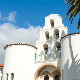 View of Hepner Hall with blue sky in the background