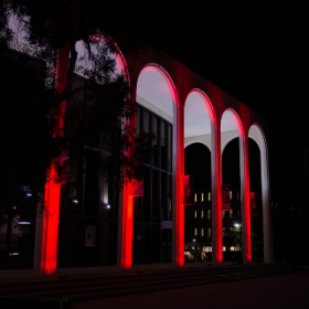 Don Powell Theatre Building Glows Red in Honor of #RedAlertRestart 